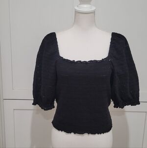 Samsoe Samsoe Black Cotton Puff Sleeve Top w/Smocking | Size Large